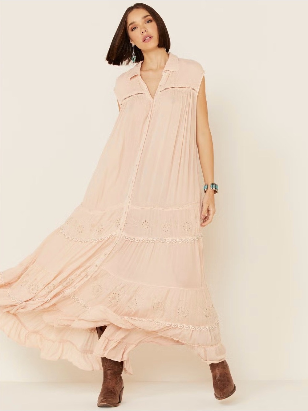 Free People Pretty Cozy Blush Maxi Dress - Elegant Flowing Button-Front